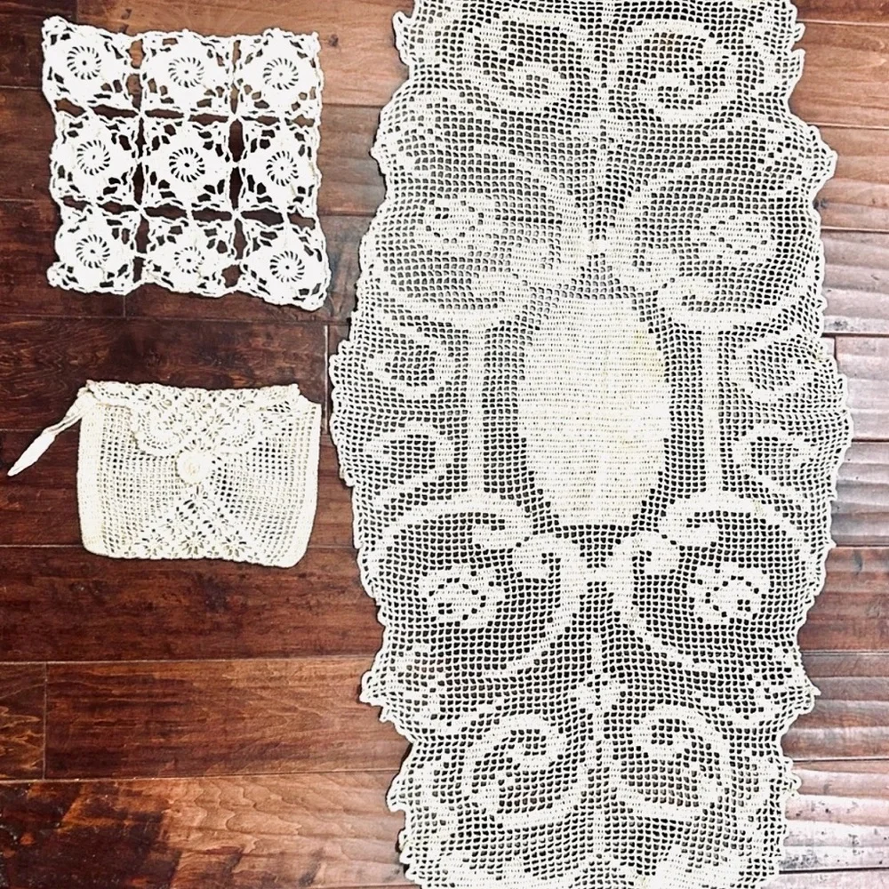 Vintage Crochet Lace Table Linens and Wrist Handbag  Make Up Bag